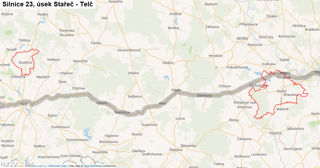 Úsek Stařeč - Telč, Silnice 23 - Mapa
