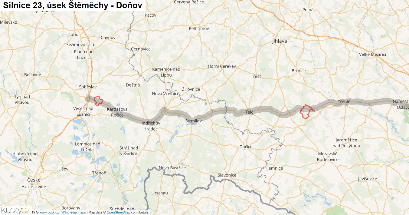 Úsek Štěměchy - Doňov, Silnice 23 - Mapa
