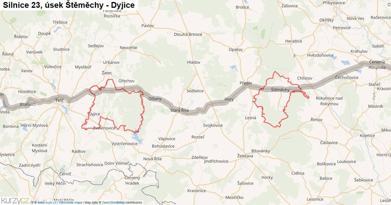 Úsek Štěměchy - Dyjice, Silnice 23 - Mapa