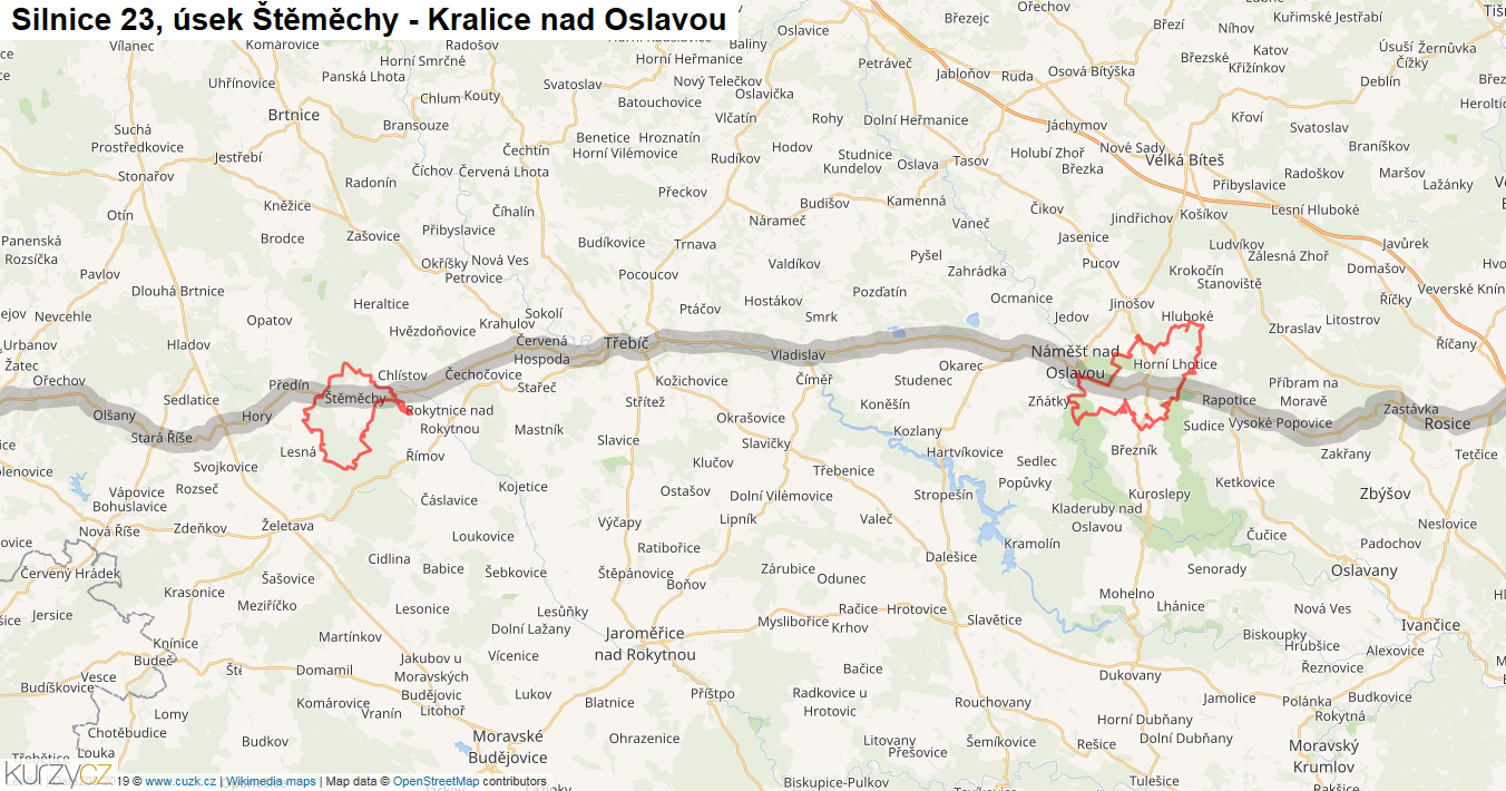 Úsek Štěměchy - Kralice nad Oslavou, Silnice 23 - Mapa
