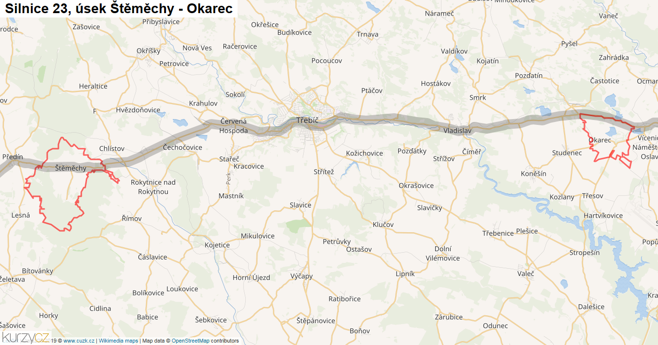 Úsek Štěměchy - Okarec, Silnice 23 - Mapa
