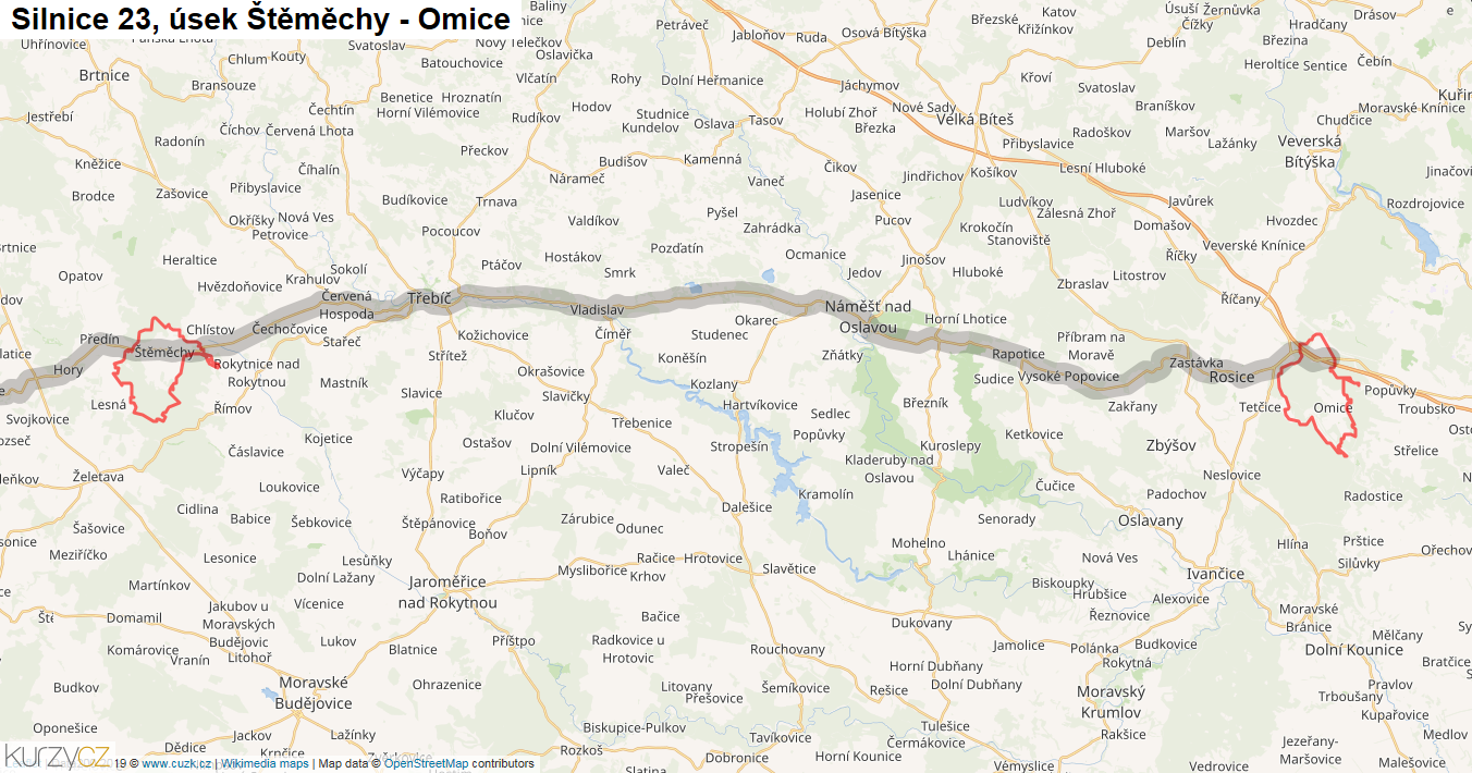 Úsek Štěměchy - Omice, Silnice 23 - Mapa