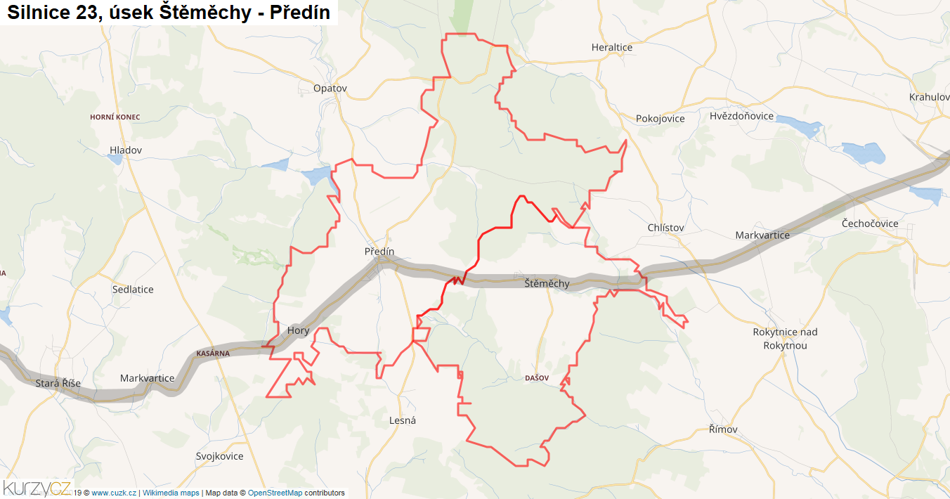 Úsek Štěměchy - Předín, Silnice 23 - Mapa