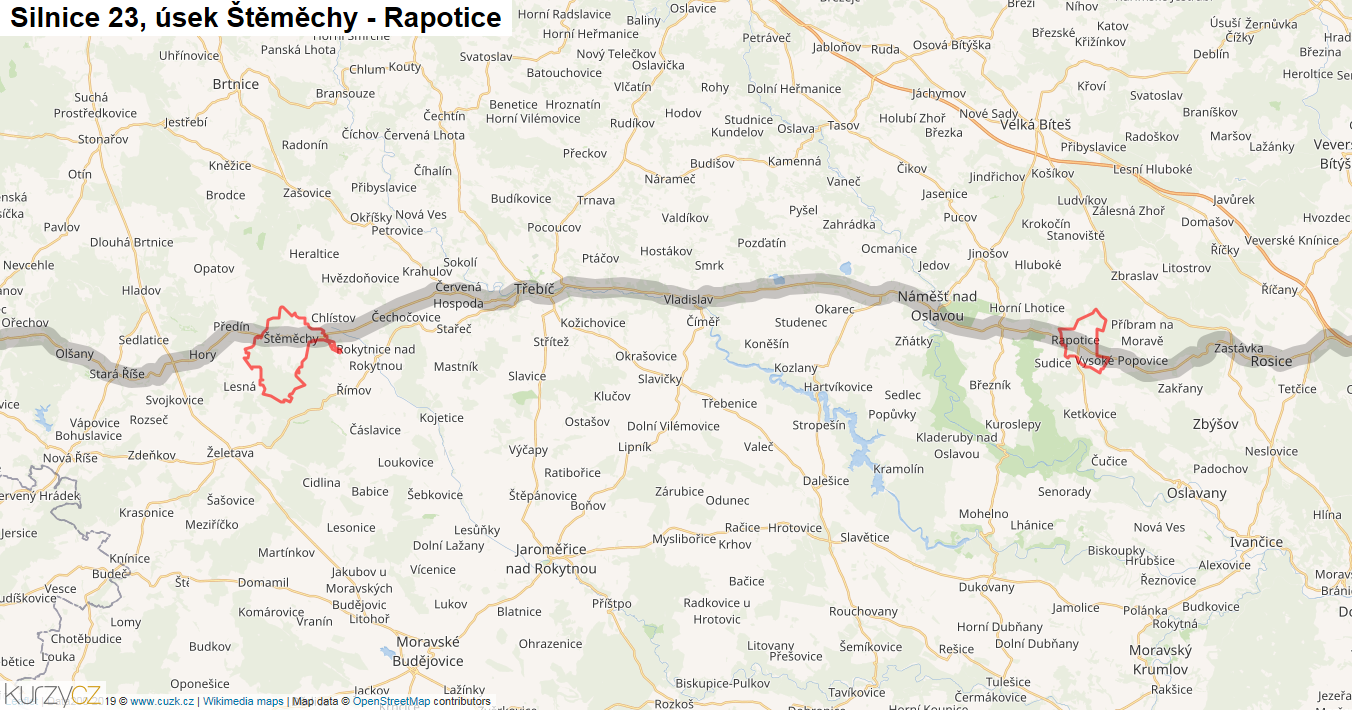 Úsek Štěměchy - Rapotice, Silnice 23 - Mapa