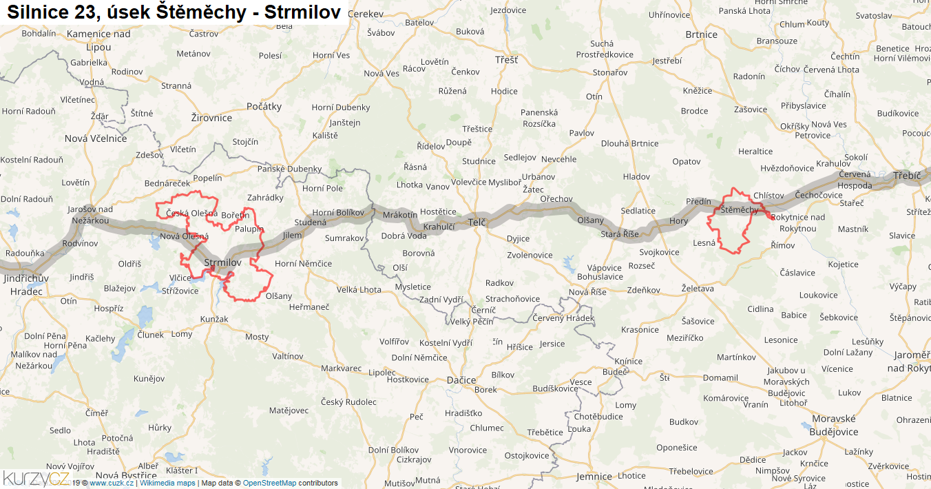 Úsek Štěměchy - Strmilov, Silnice 23 - Mapa
