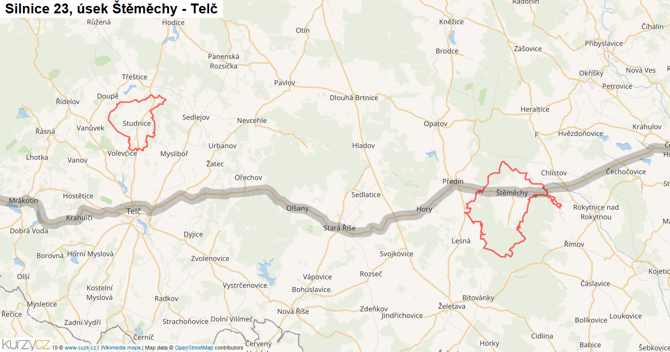 Úsek Štěměchy - Telč, Silnice 23 - Mapa
