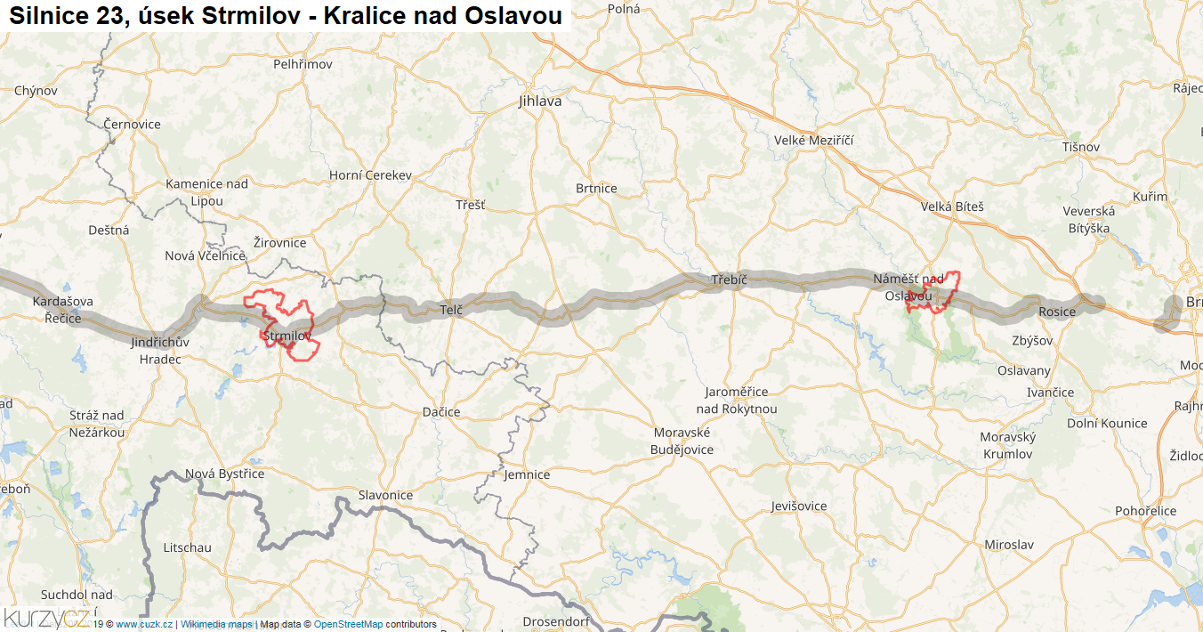 Úsek Strmilov - Kralice nad Oslavou, Silnice 23 - Mapa