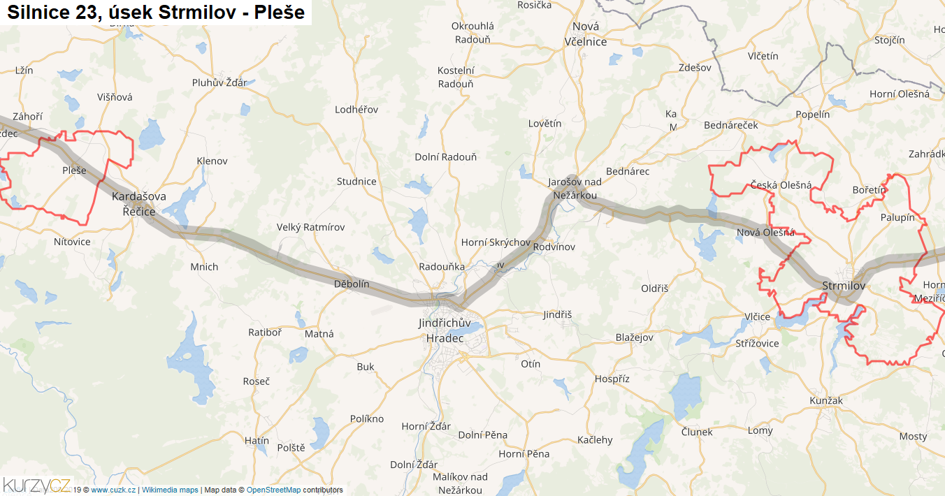Úsek Strmilov - Pleše, Silnice 23 - Mapa