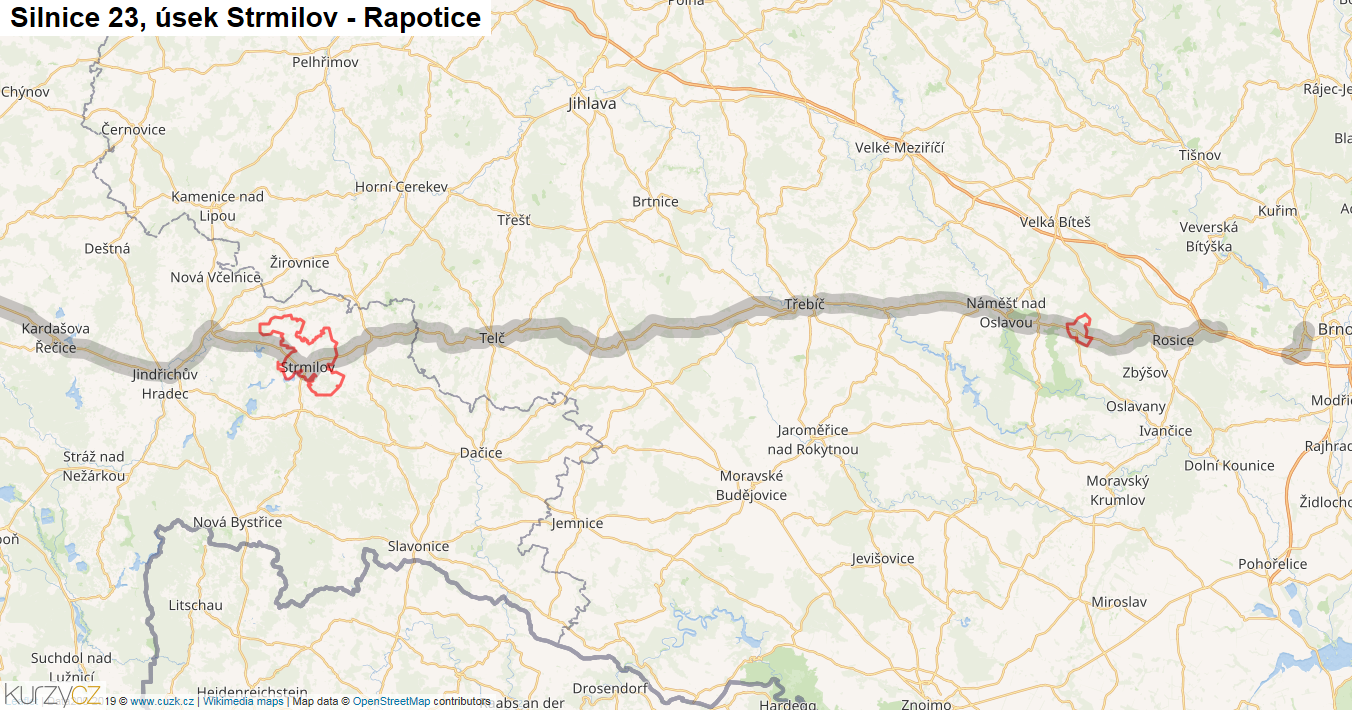 Úsek Strmilov - Rapotice, Silnice 23 - Mapa