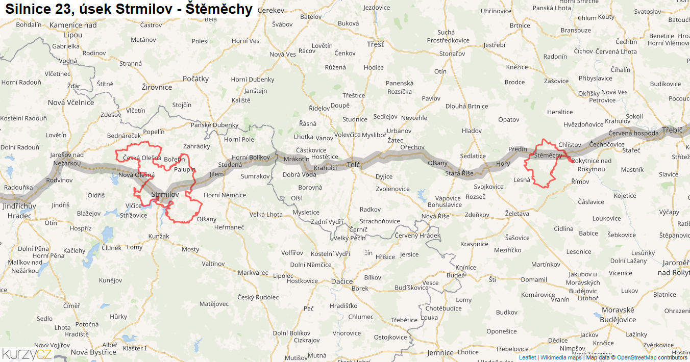 Úsek Strmilov - Štěměchy, Silnice 23 - Mapa