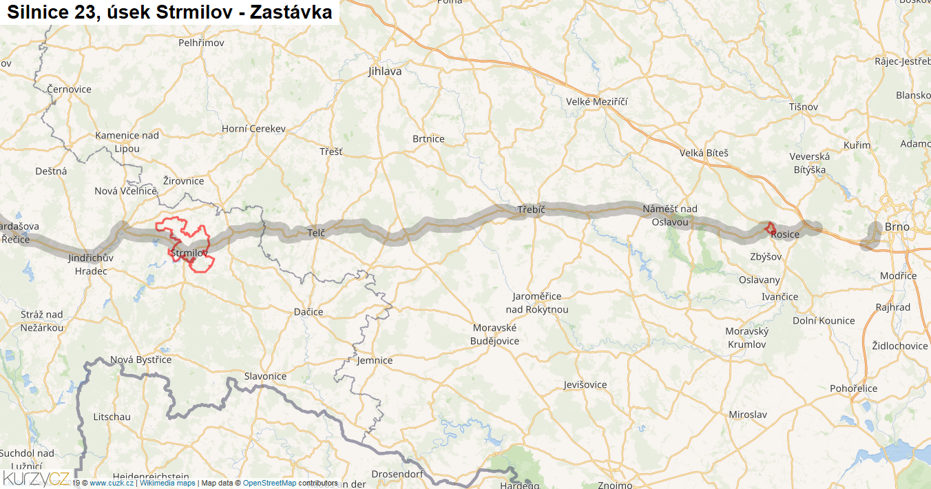 Úsek Strmilov - Zastávka, Silnice 23 - Mapa