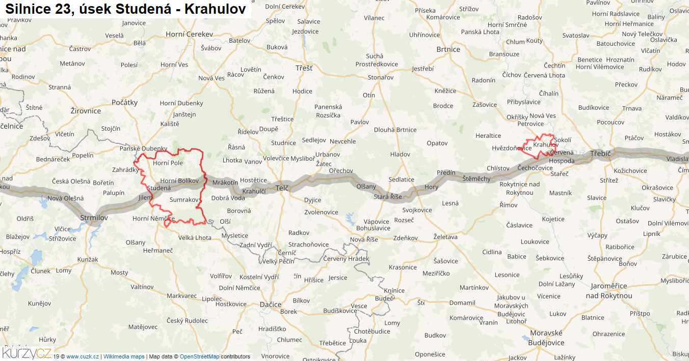 Úsek Studená - Krahulov, Silnice 23 - Mapa