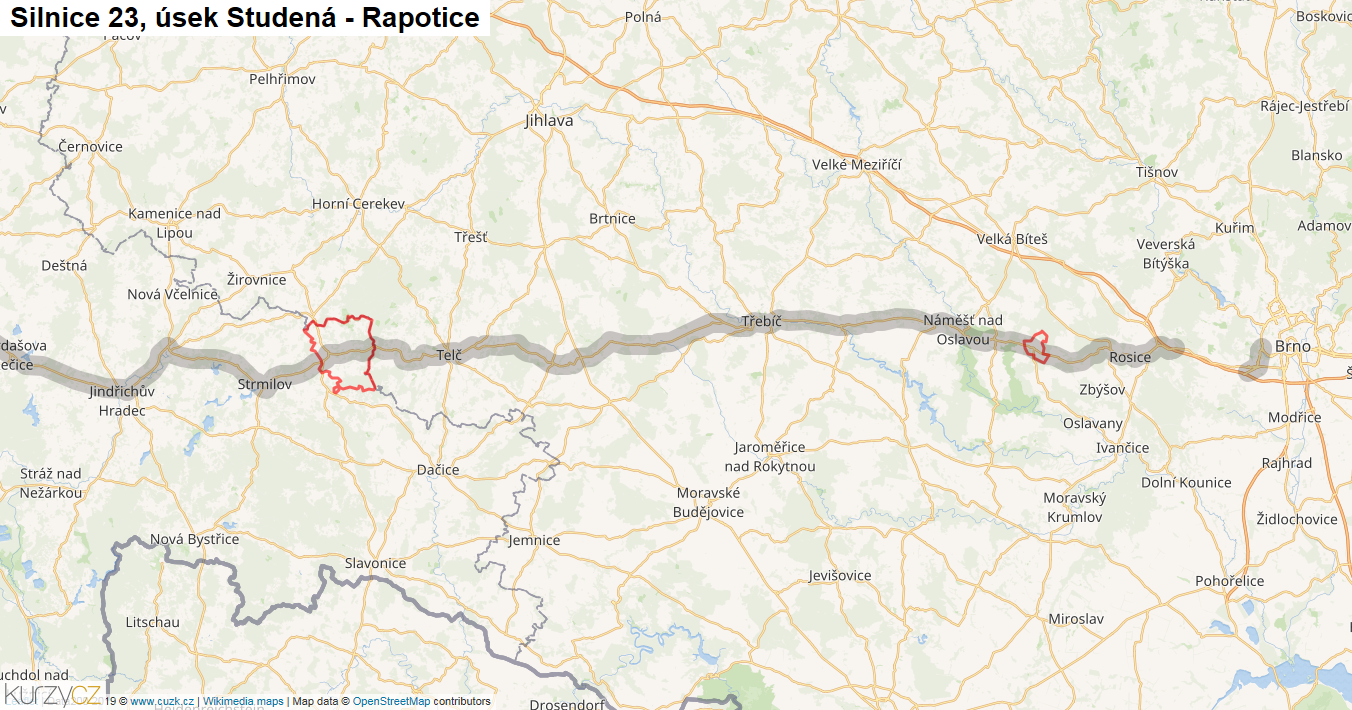 Úsek Studená - Rapotice, Silnice 23 - Mapa