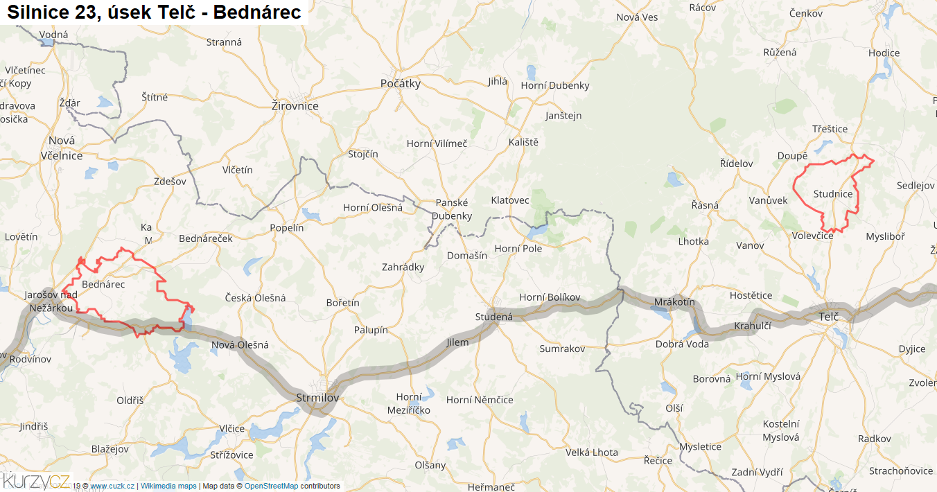 Úsek Telč - Bednárec, Silnice 23 - Mapa