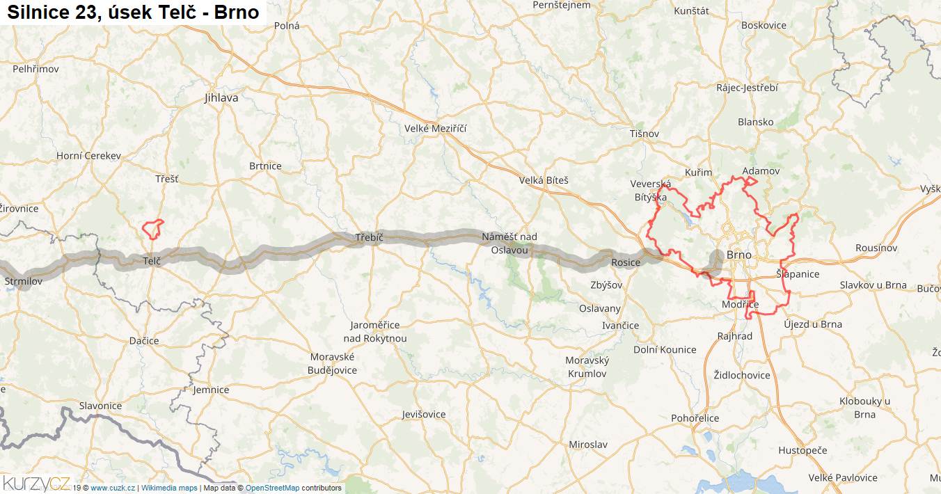 Úsek Telč - Brno, Silnice 23 - Mapa