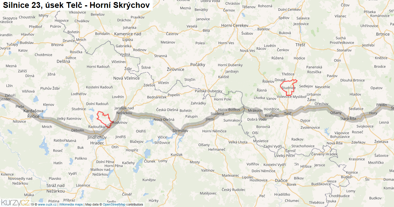 Úsek Telč - Horní Skrýchov, Silnice 23 - Mapa