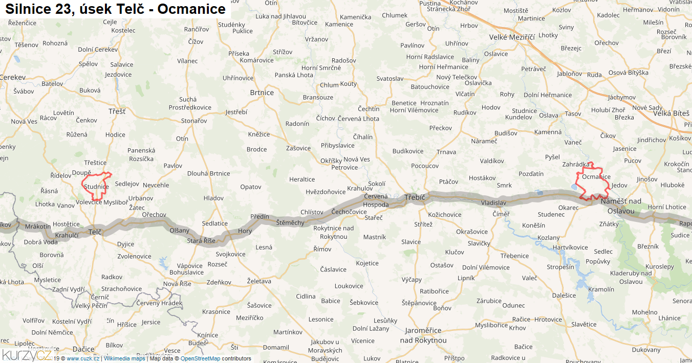 Úsek Telč - Ocmanice, Silnice 23 - Mapa
