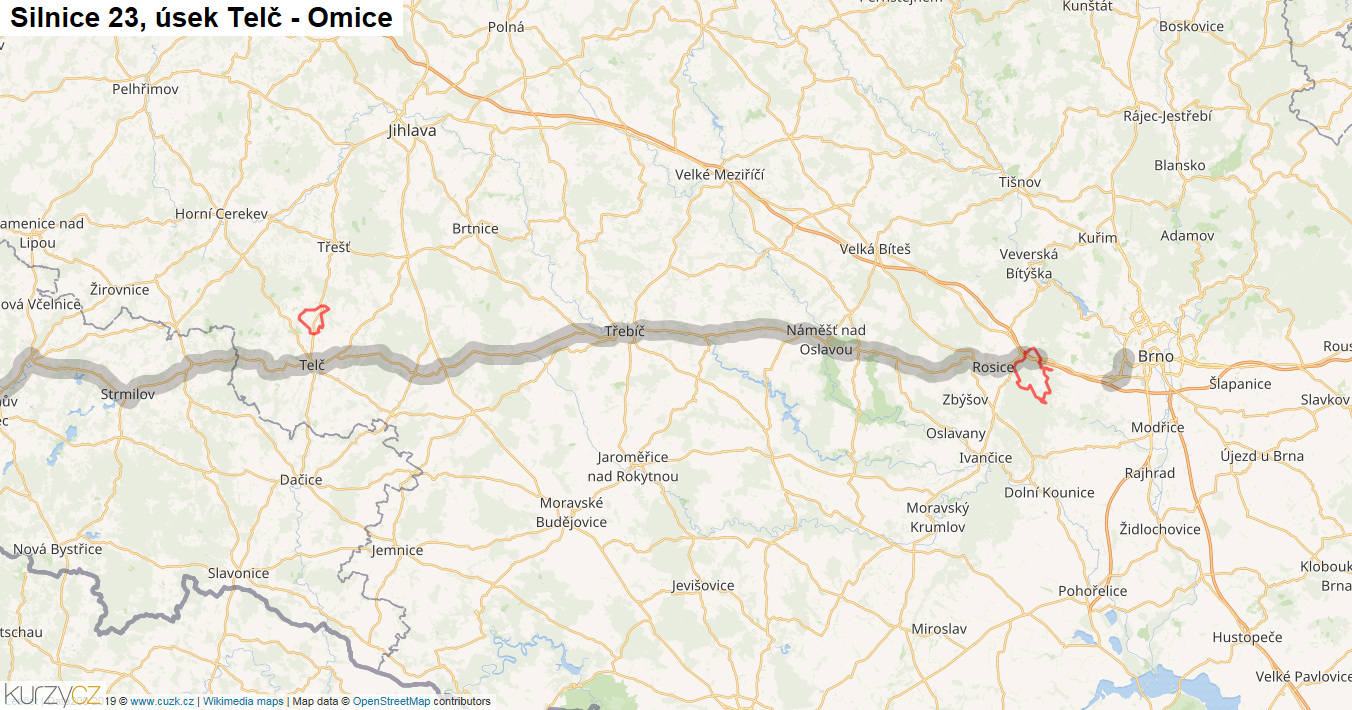 Úsek Telč - Omice, Silnice 23 - Mapa