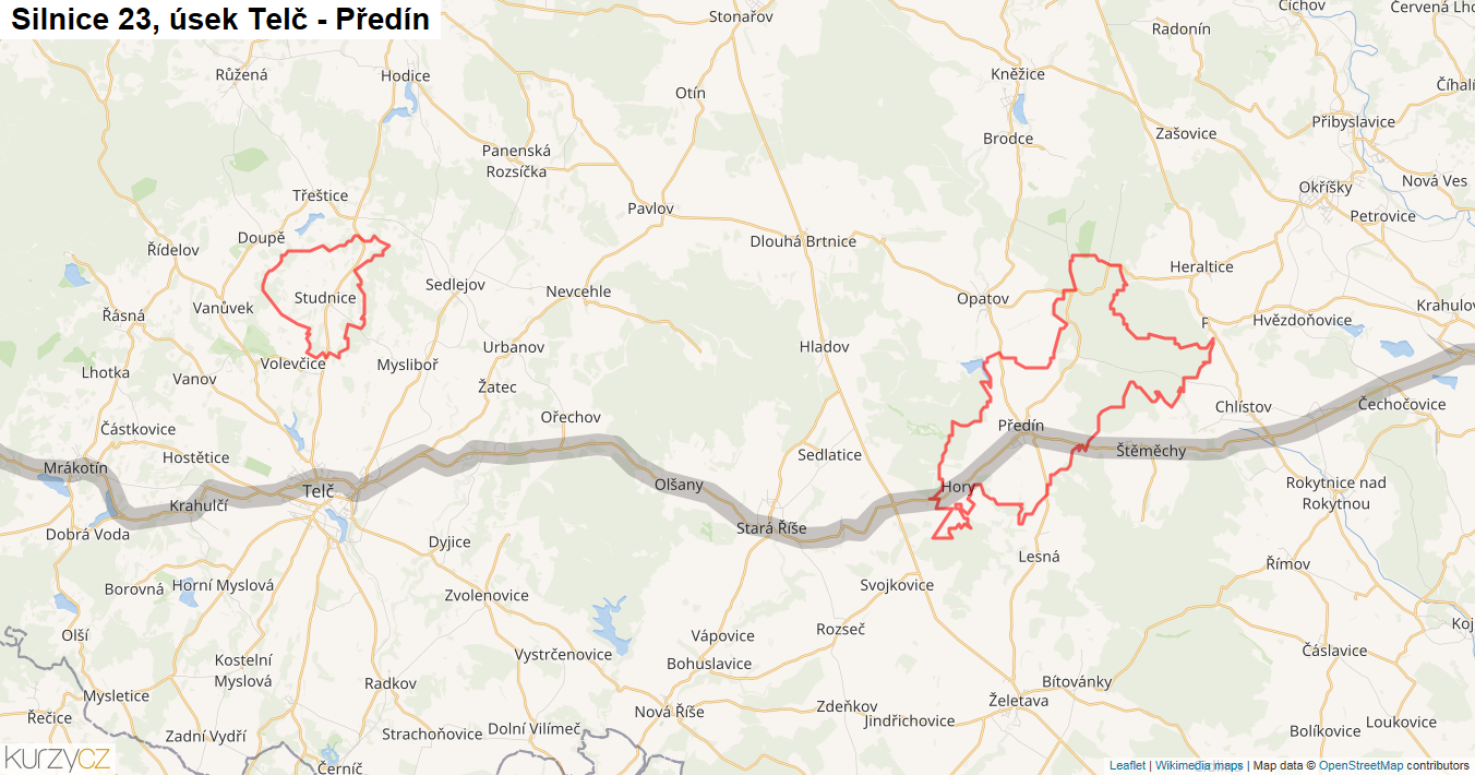 Úsek Telč - Předín, Silnice 23 - Mapa