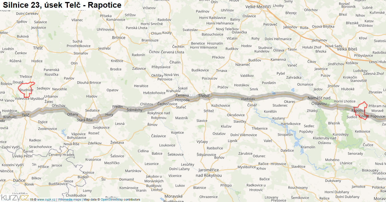 Úsek Telč - Rapotice, Silnice 23 - Mapa