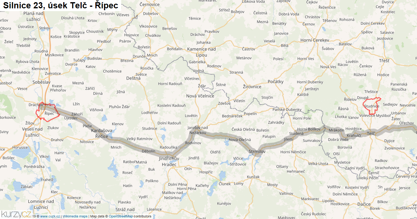 Úsek Telč - Řípec, Silnice 23 - Mapa