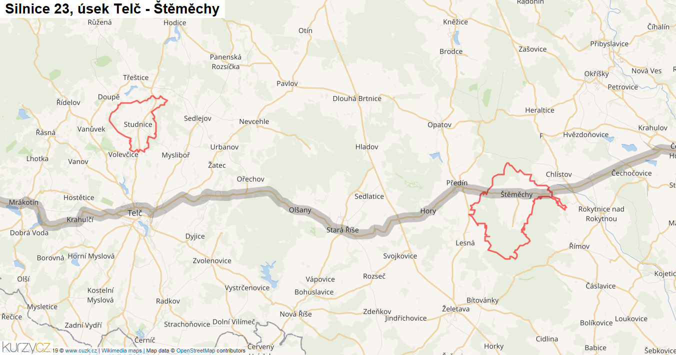 Úsek Telč - Štěměchy, Silnice 23 - Mapa