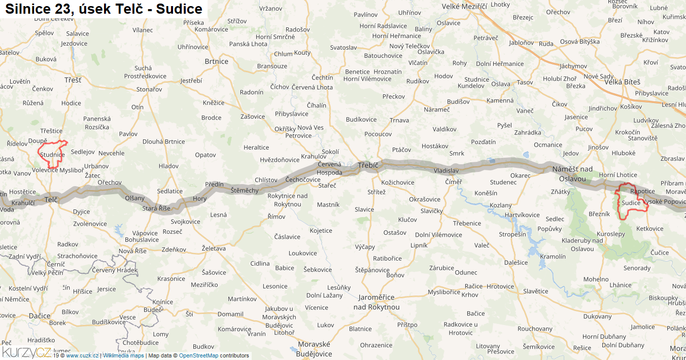 Úsek Telč - Sudice, Silnice 23 - Mapa