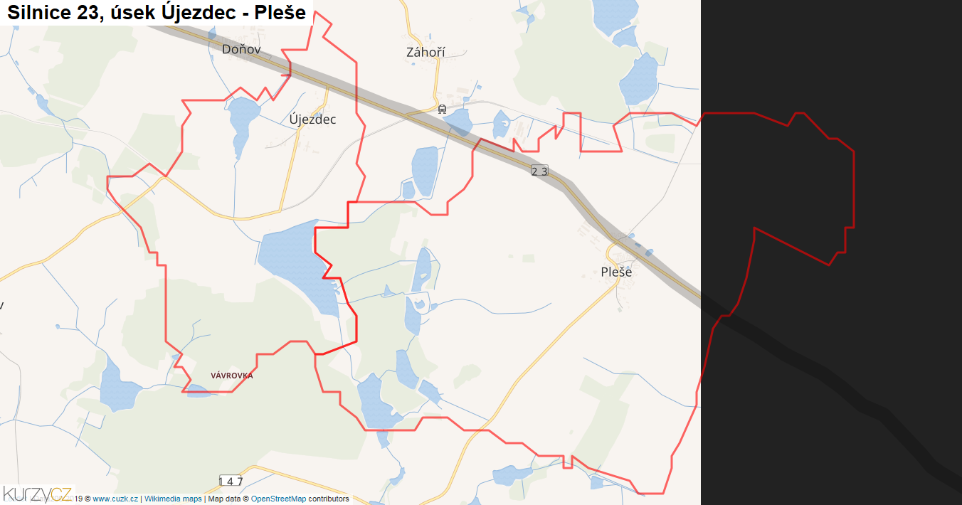 Úsek Újezdec - Pleše, Silnice 23 - Mapa