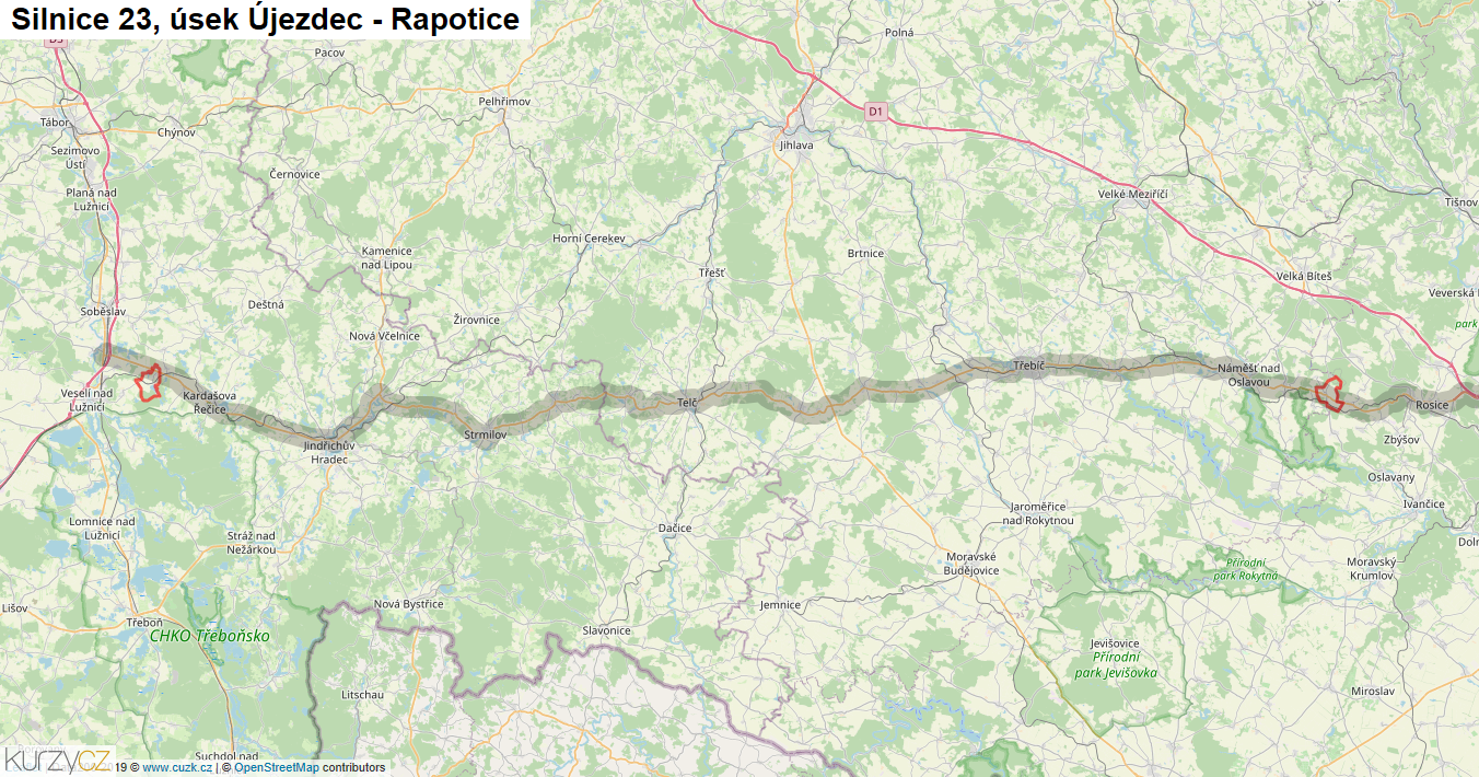 Úsek Újezdec - Rapotice, Silnice 23 - Mapa