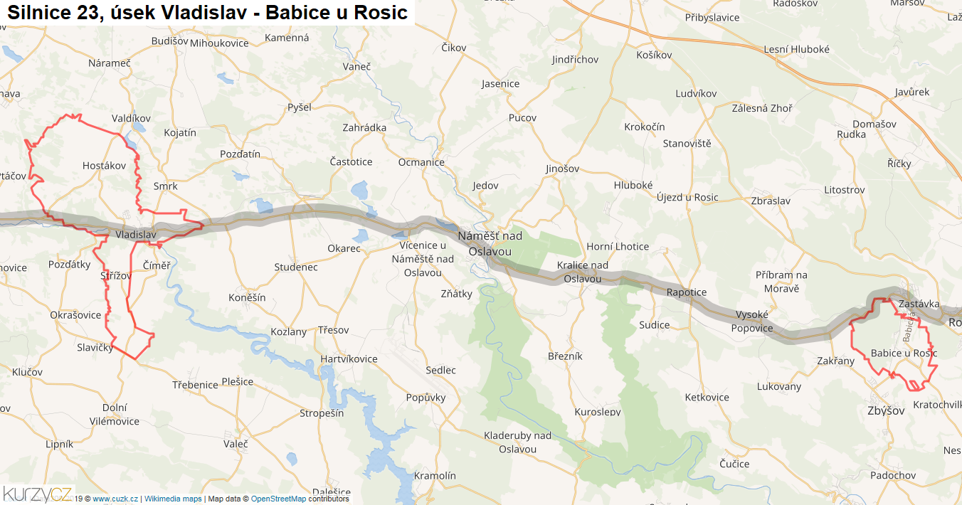 Úsek Vladislav - Babice u Rosic, Silnice 23 - Mapa