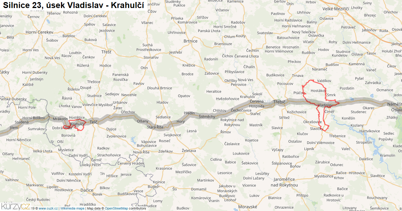 Úsek Vladislav - Krahulčí, Silnice 23 - Mapa