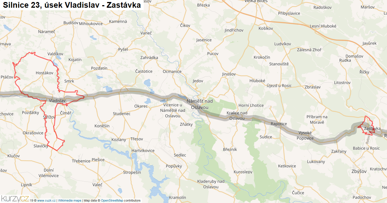 Úsek Vladislav - Zastávka, Silnice 23 - Mapa