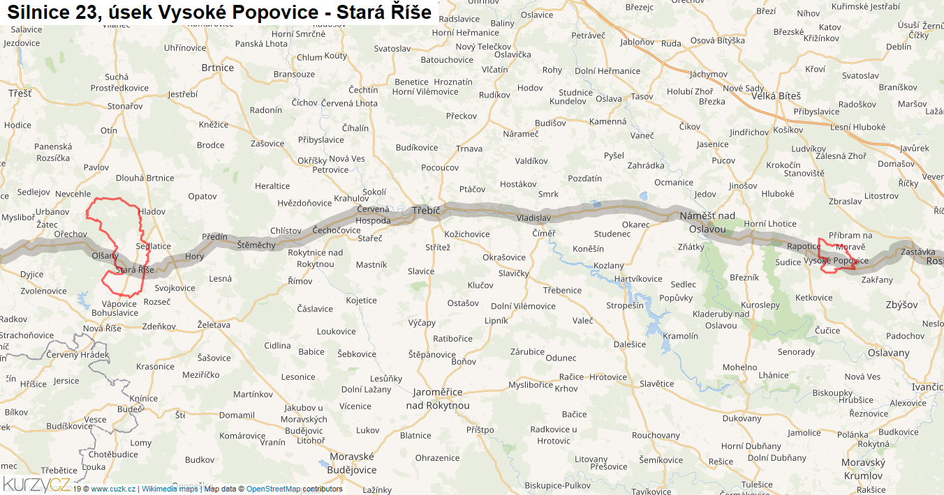 Úsek Vysoké Popovice - Stará Říše, Silnice 23 - Mapa