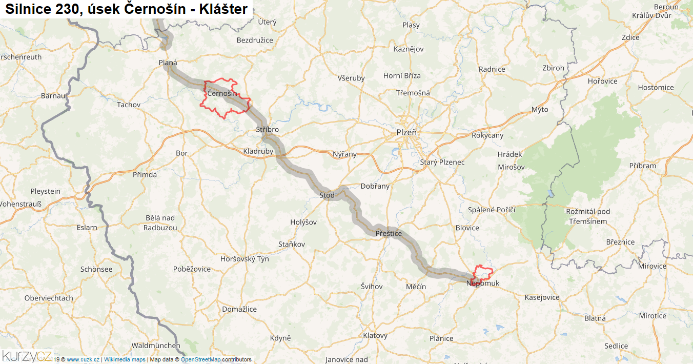Úsek Černošín - Klášter, Silnice 230 - Mapa