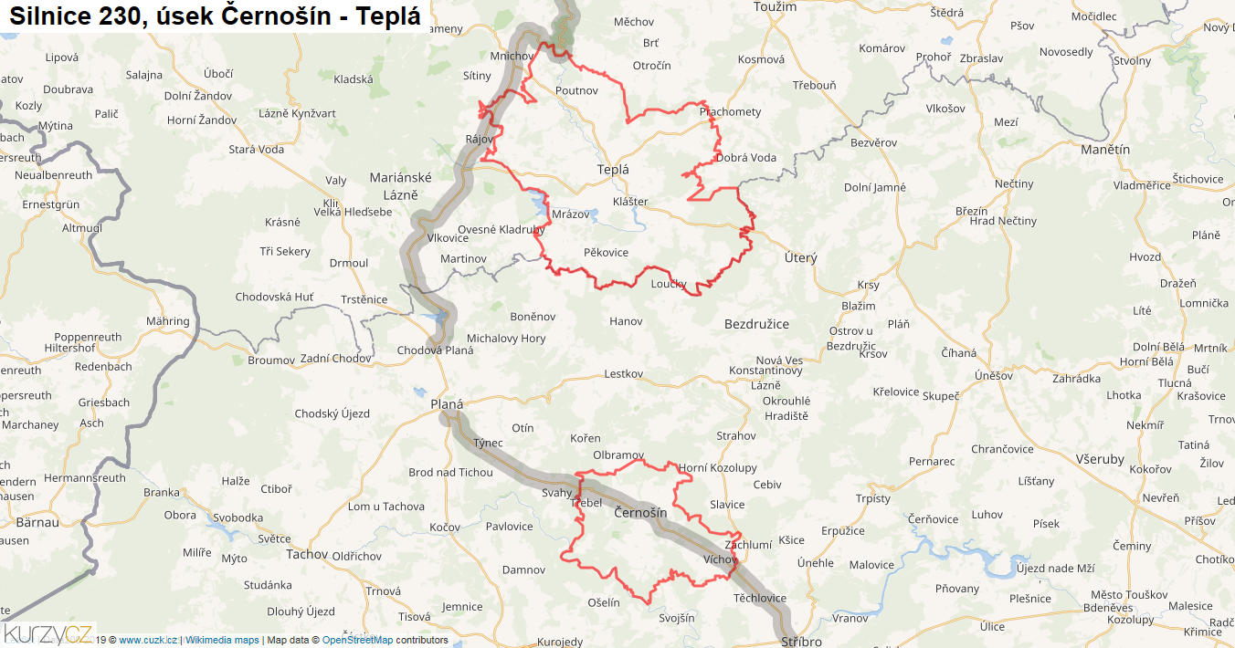 Úsek Černošín - Teplá, Silnice 230 - Mapa