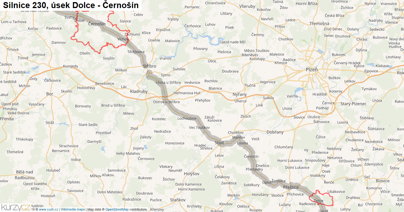Úsek Dolce - Černošín, Silnice 230 - Mapa