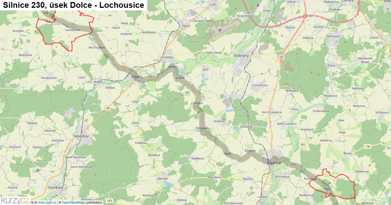 Úsek Dolce - Lochousice, Silnice 230 - Mapa