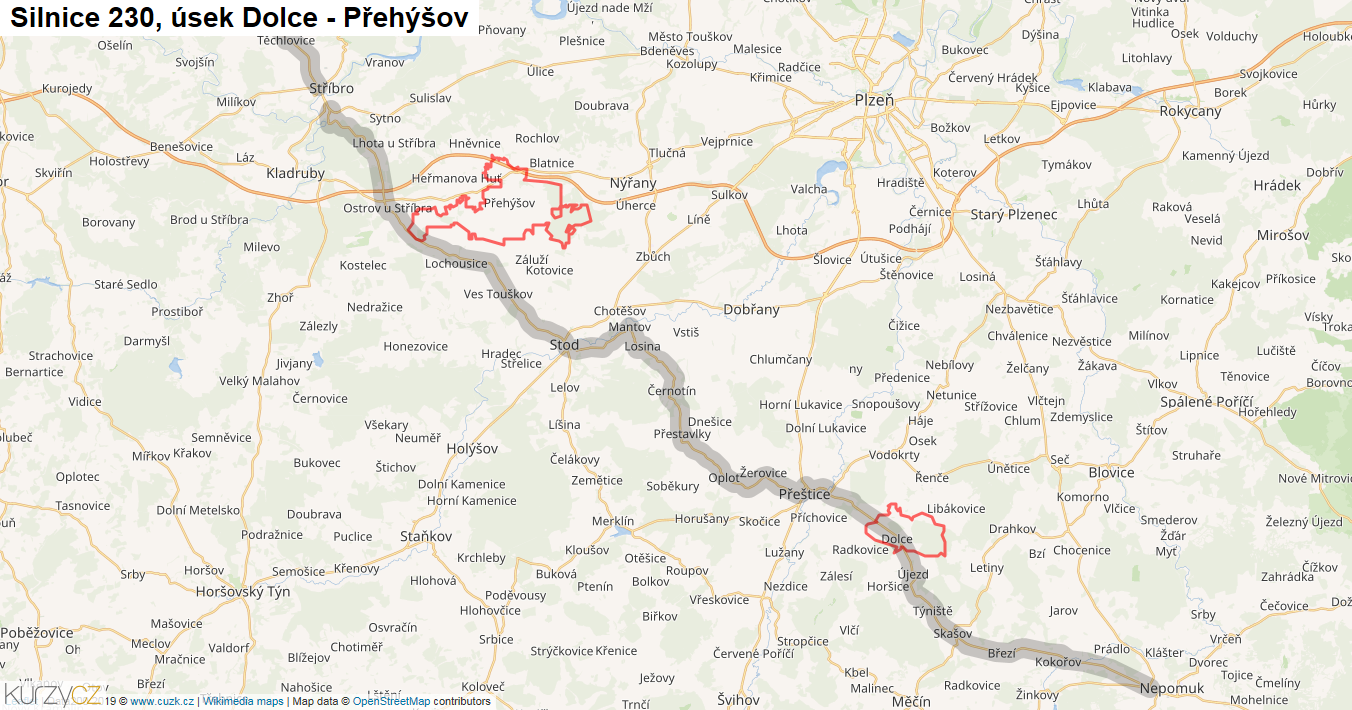 Úsek Dolce - Přehýšov, Silnice 230 - Mapa