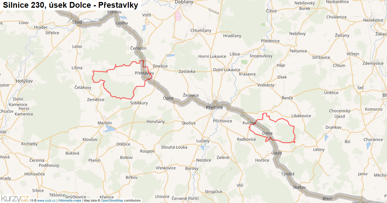 Úsek Dolce - Přestavlky, Silnice 230 - Mapa