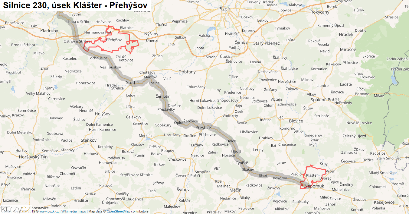 Úsek Klášter - Přehýšov, Silnice 230 - Mapa