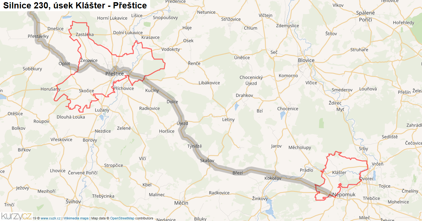 Úsek Klášter - Přeštice, Silnice 230 - Mapa