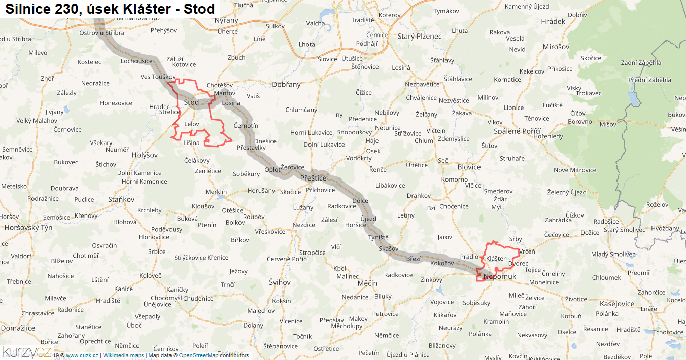 Úsek Klášter - Stod, Silnice 230 - Mapa