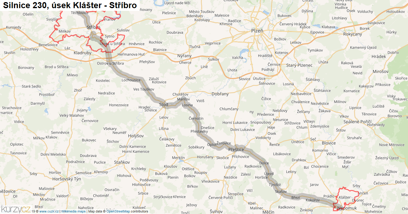 Úsek Klášter - Stříbro, Silnice 230 - Mapa