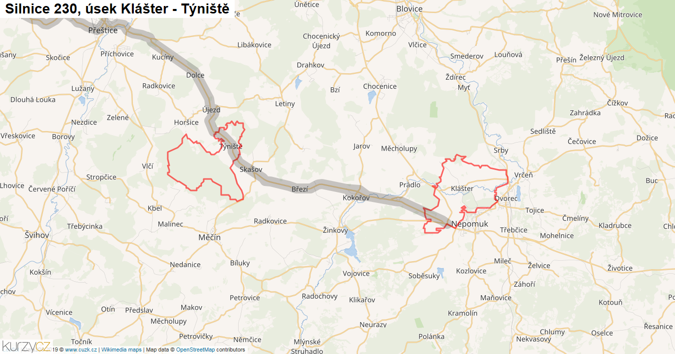 Úsek Klášter - Týniště, Silnice 230 - Mapa