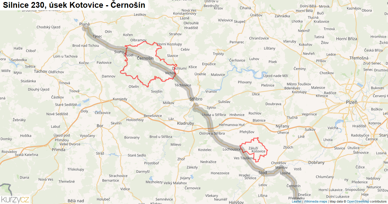 Úsek Kotovice - Černošín, Silnice 230 - Mapa