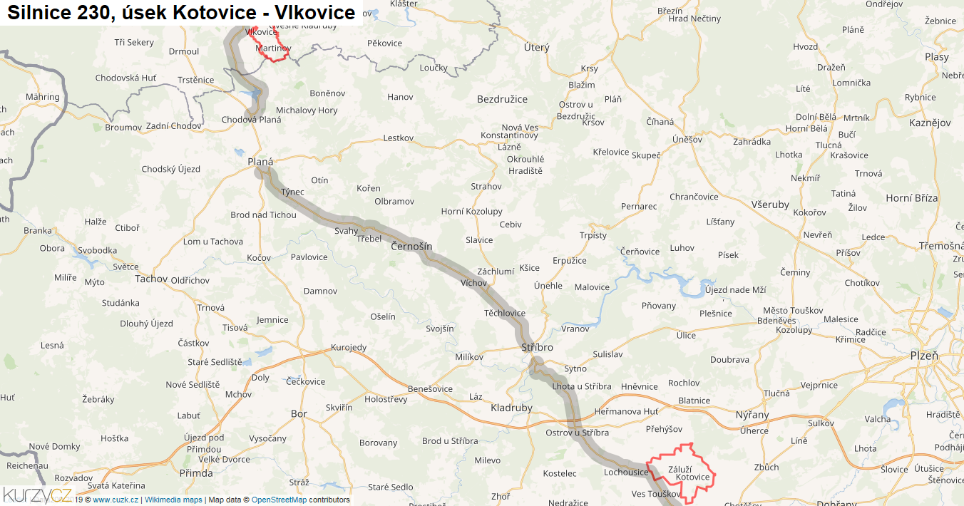 Úsek Kotovice - Vlkovice, Silnice 230 - Mapa