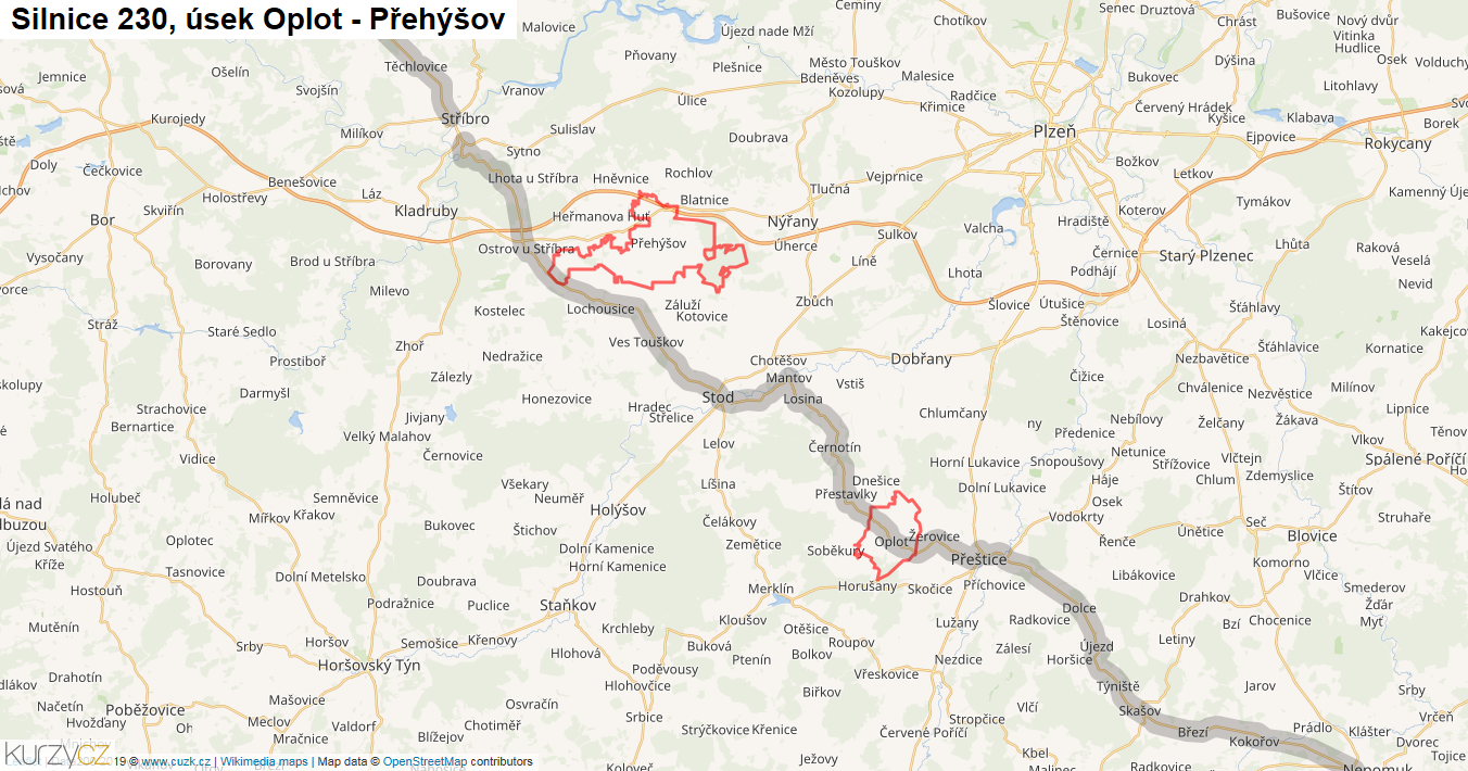 Úsek Oplot - Přehýšov, Silnice 230 - Mapa