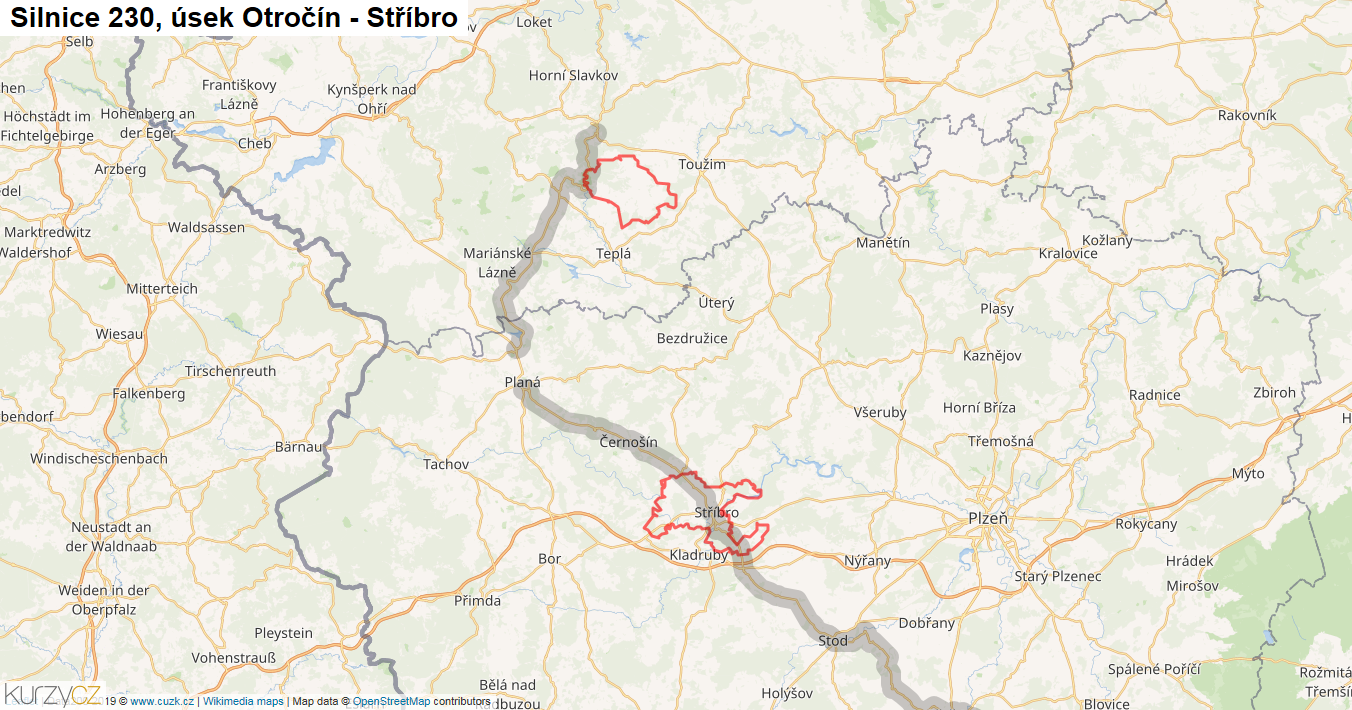 Úsek Otročín - Stříbro, Silnice 230 - Mapa