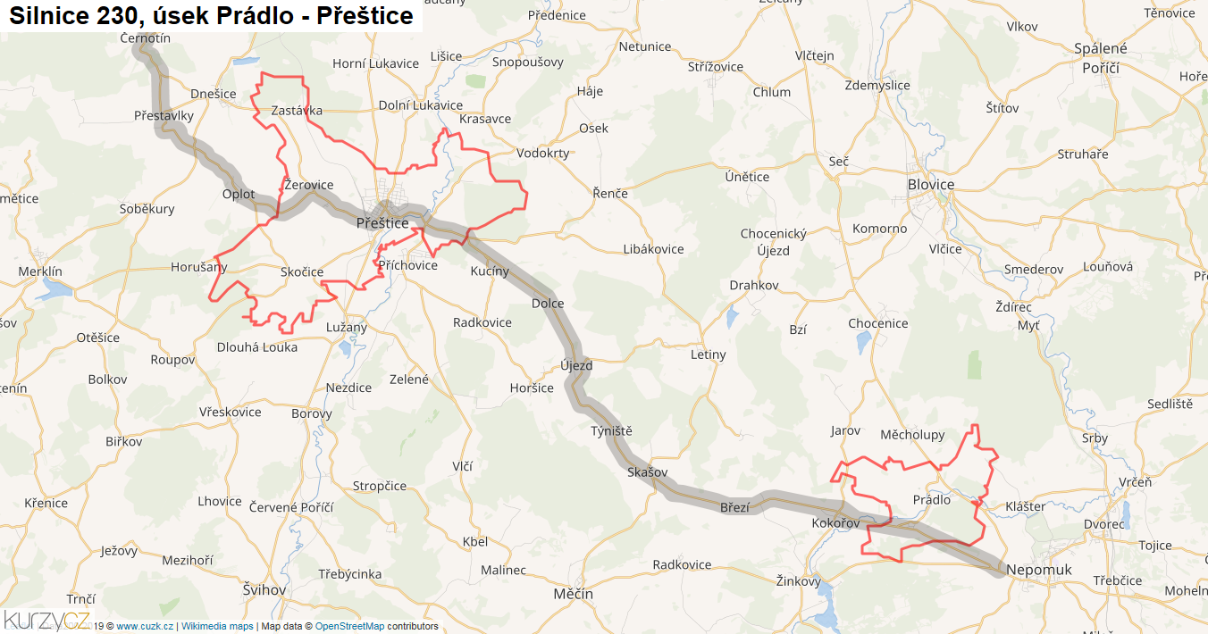 Úsek Prádlo - Přeštice, Silnice 230 - Mapa