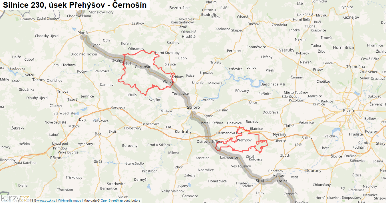 Úsek Přehýšov - Černošín, Silnice 230 - Mapa